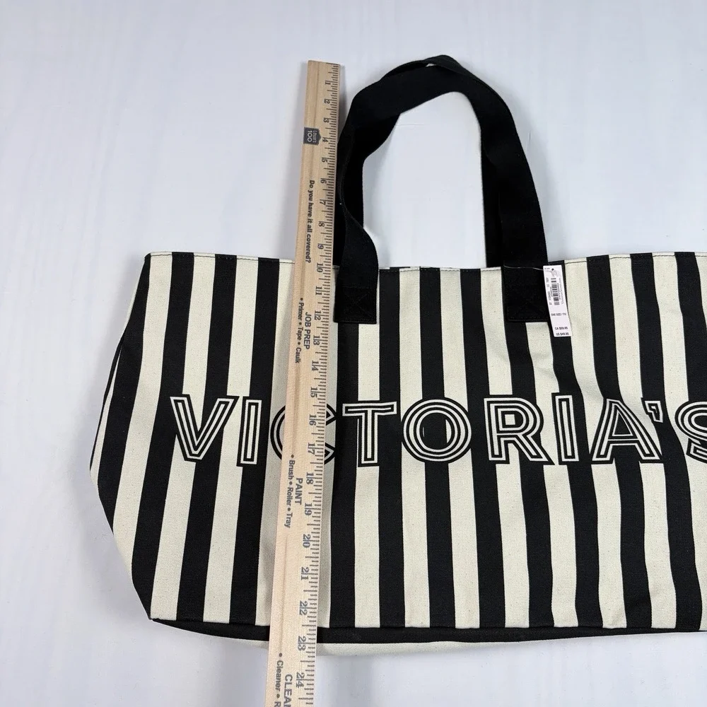 NWT VICTORIA'S SECRET BLACK IVORY STRIPE LOGO ZIPPER TOTE BAG Chic Paris ArtDeco